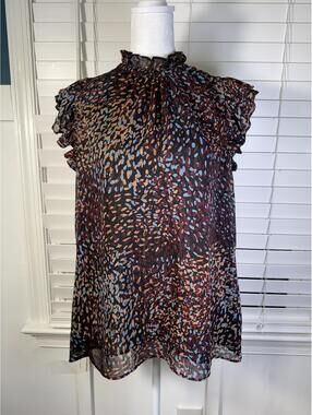 EXPRESS Multi Color Leopard Print Ruffled Mock Neck Top Metallic Stripe Large